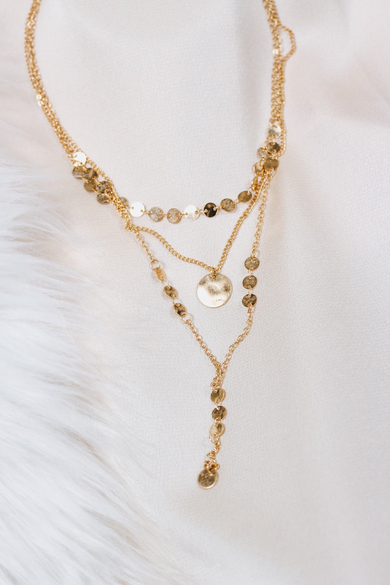 Multi Way Worn Gold Triple Layered Disk with Y Drop 16", 19", and 24" Necklace