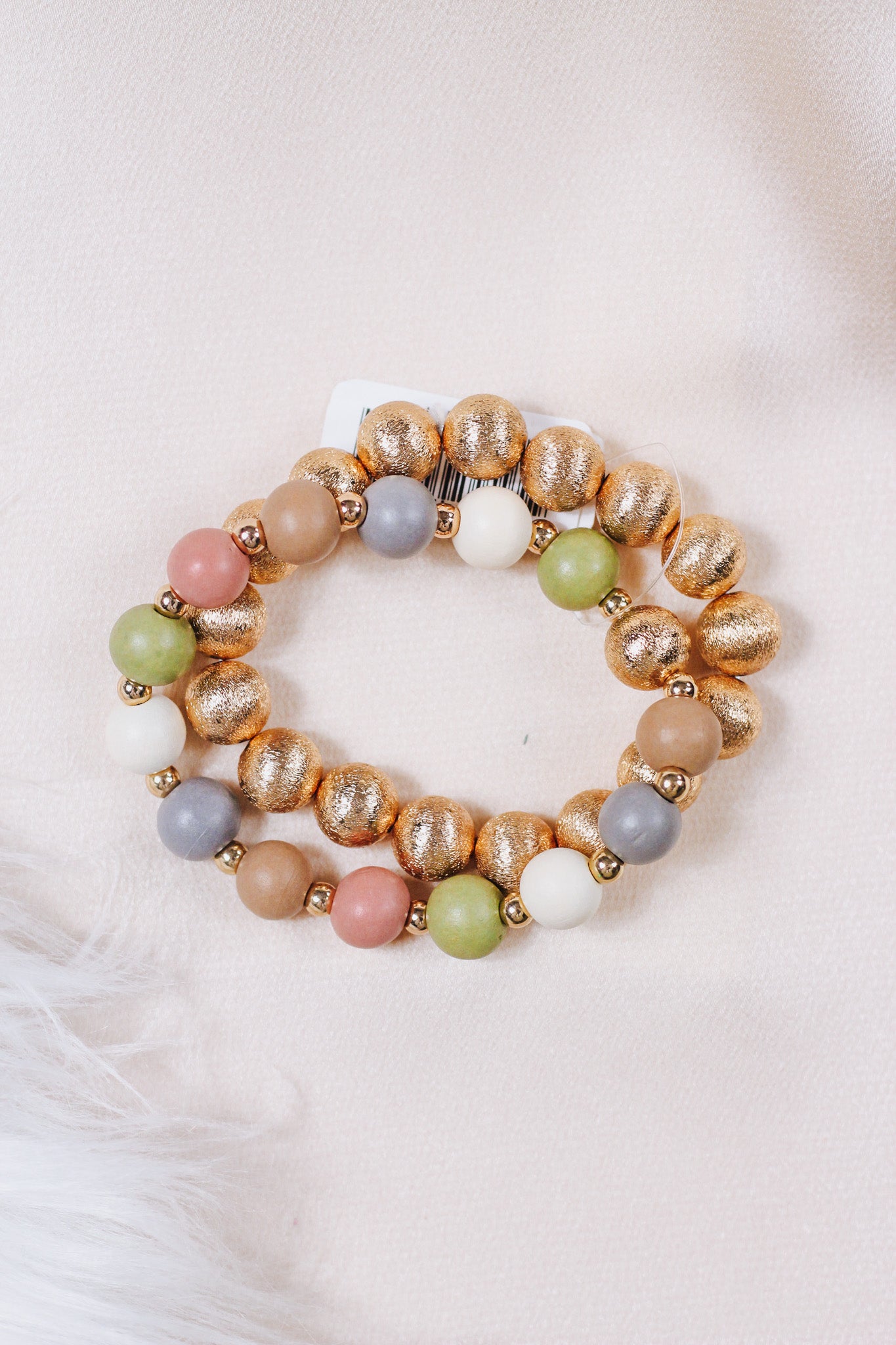 Gold Textured Beaded and Light Multi Wood Set of 2 Stretch Bracelets