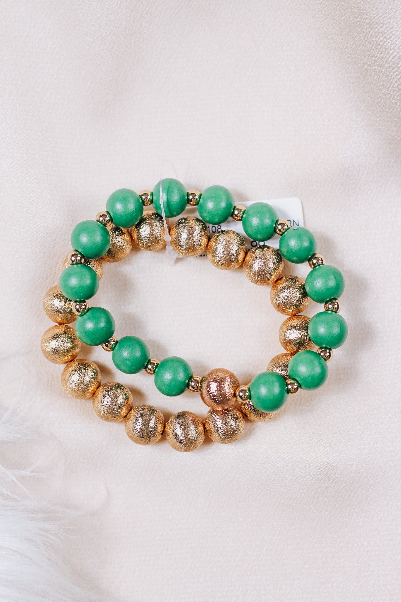 Gold Textured Beaded and Green Wood Set of 2 Stretch Bracelets