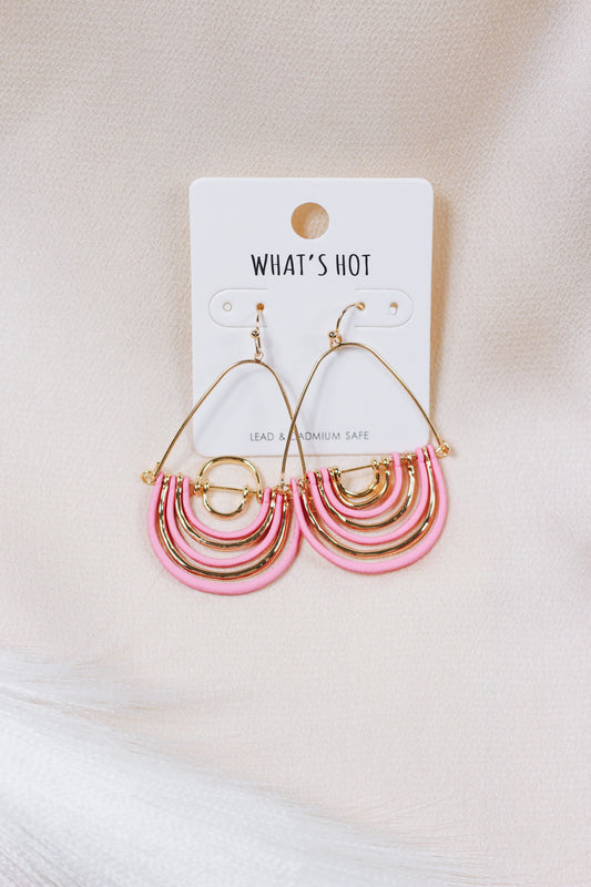 Gold and Pink Color Coated Metal Layered Teardrop 2" Earring