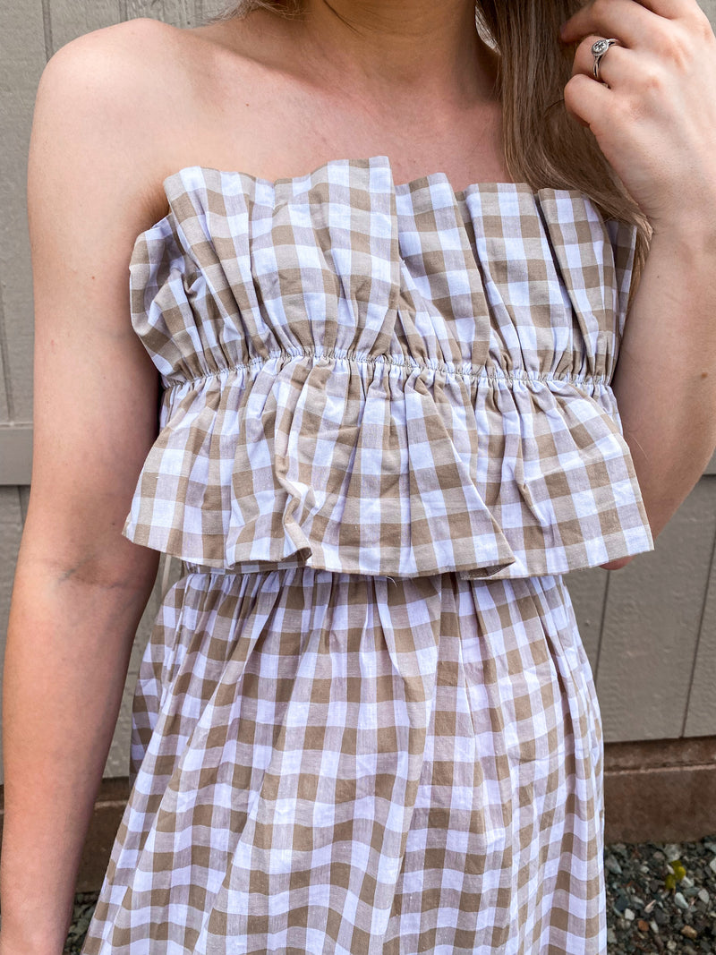 Blessed To Pieces Wheat Checkered Strapless Dress