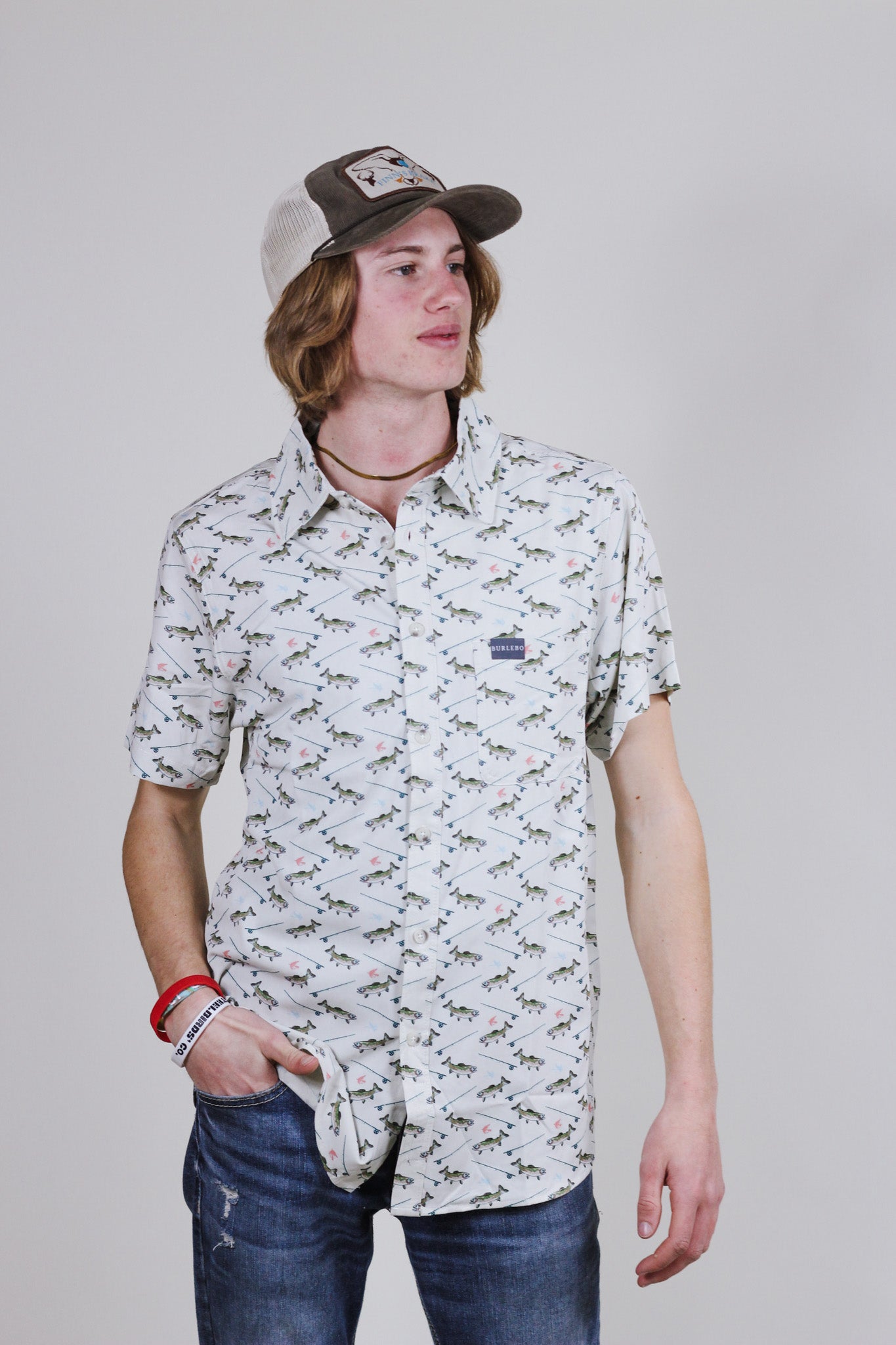 Performance Button Up - Fish and Reel Print By Burlebo