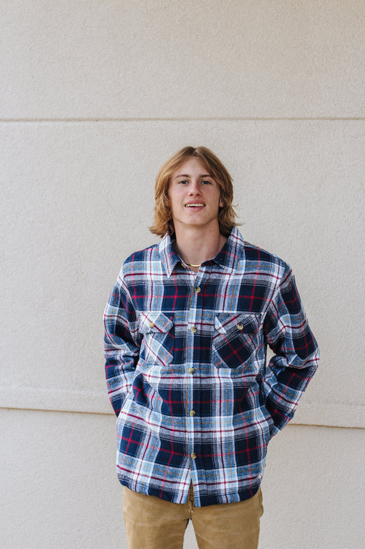 Navy Red Plaid Mens Button Up