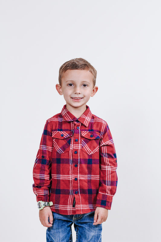 Boys Red Plaid Button Up By Silver
