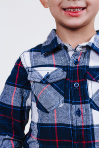 Boys Navy Plaid Button Up By Silver