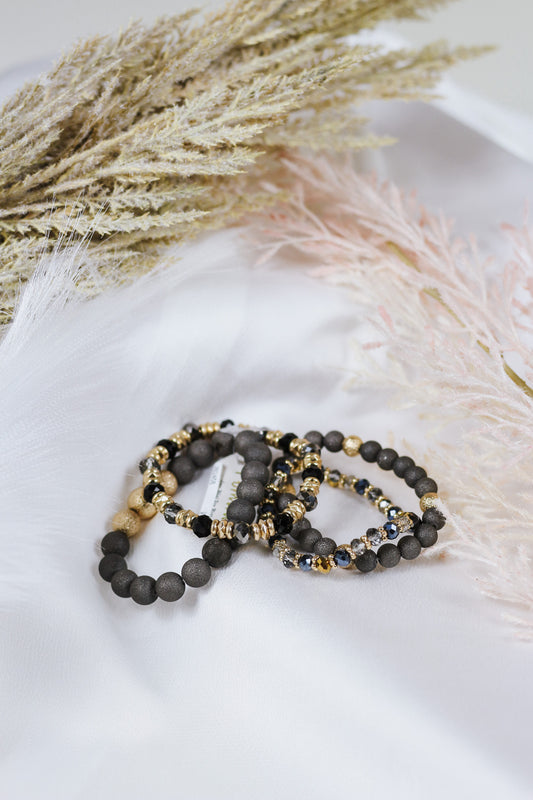 Set of 4 Black Stone with Gold and Crystal Accent Stretch Bracelets
