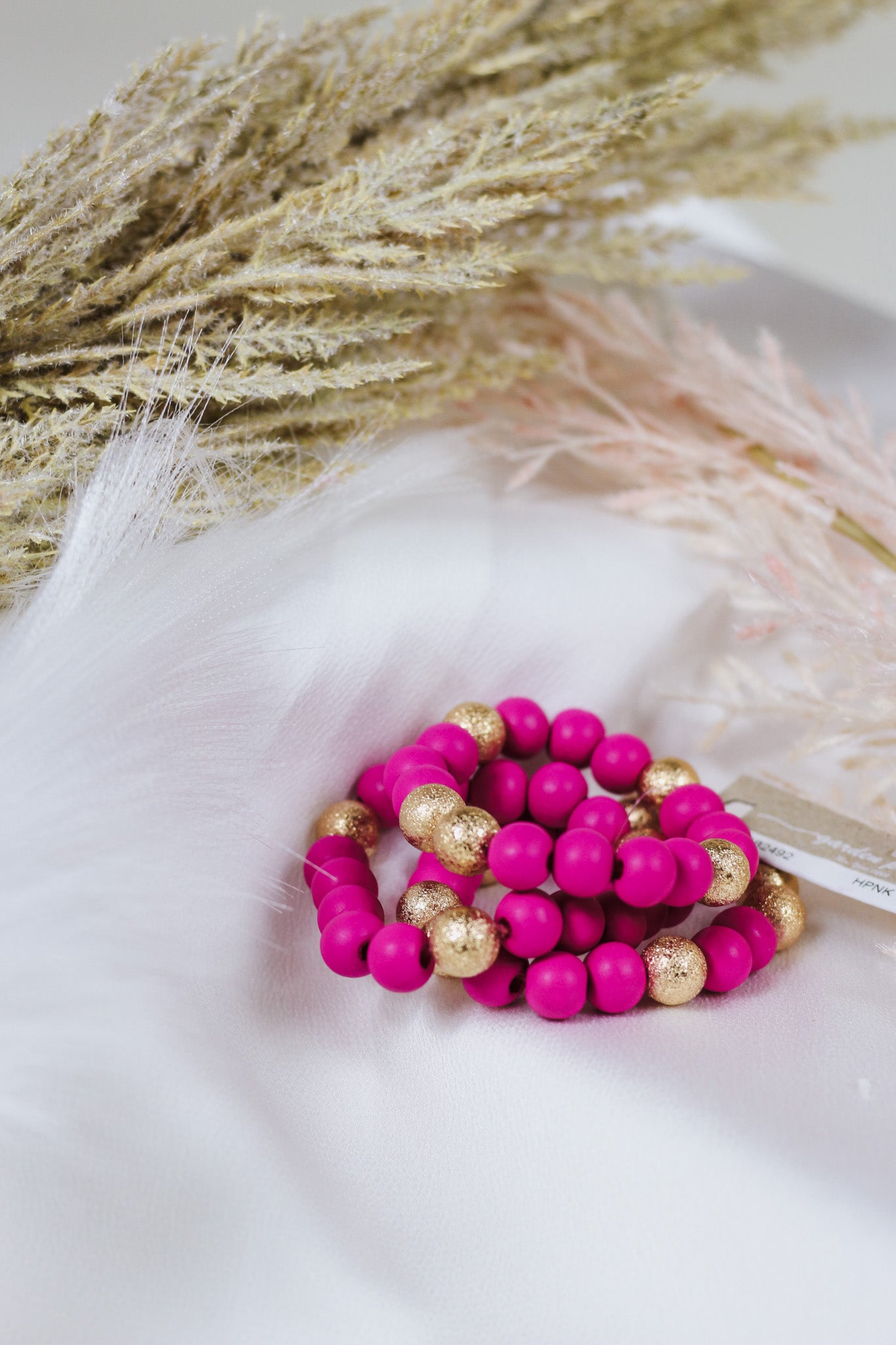 Pink Wood & Gold Beaded Bracelet Set