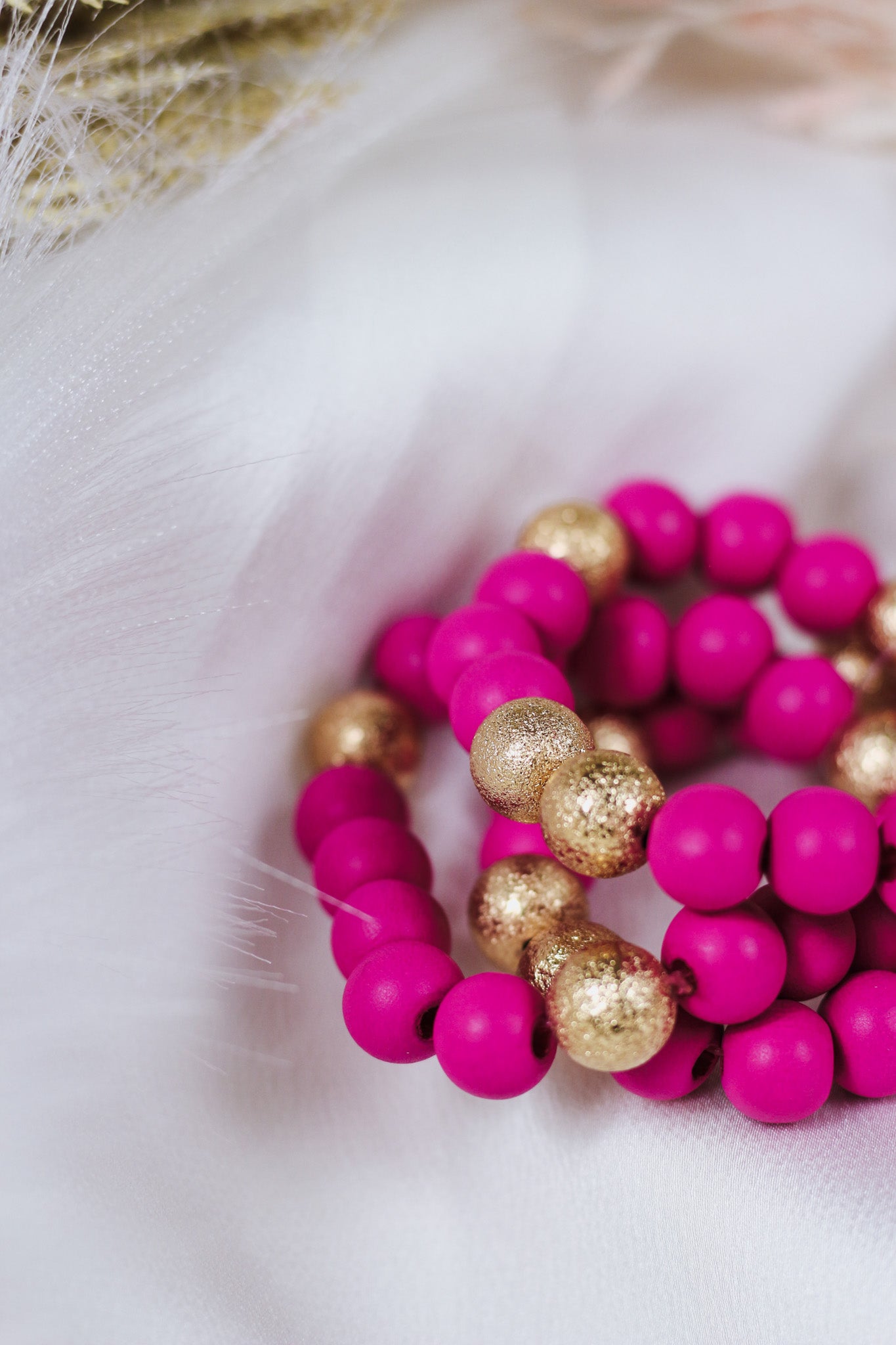 Pink Wood & Gold Beaded Bracelet Set