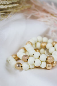 White Wood and Gold Textured Beaded Set of 3 Stretch Bracelet