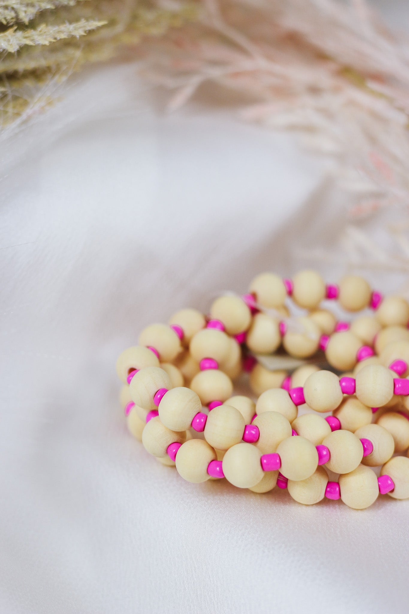 Natural Wood Beaded and Pink Seed Bead Set of 4 Stretch Bracelet