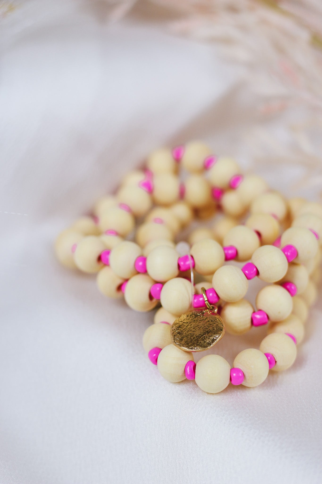 Natural Wood Beaded and Pink Seed Bead Set of 4 Stretch Bracelet