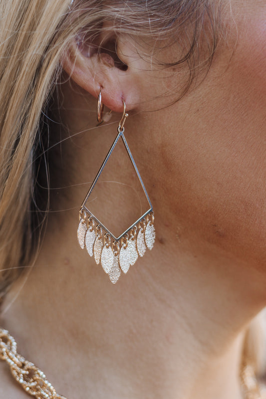 Gold Geometric Triangle with Textured Gold Fringe Accents 2" Earring