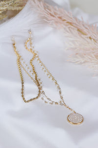 Gold Layered Chain White Crystal Circle 16"-18" Necklace
