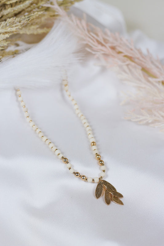 White Wood Beaded 16"-18" Necklace with Gold Leaf Pendant