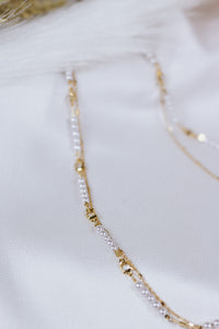Gold Chain Layered with Pearl and Black Crystal 16"-18" Necklace