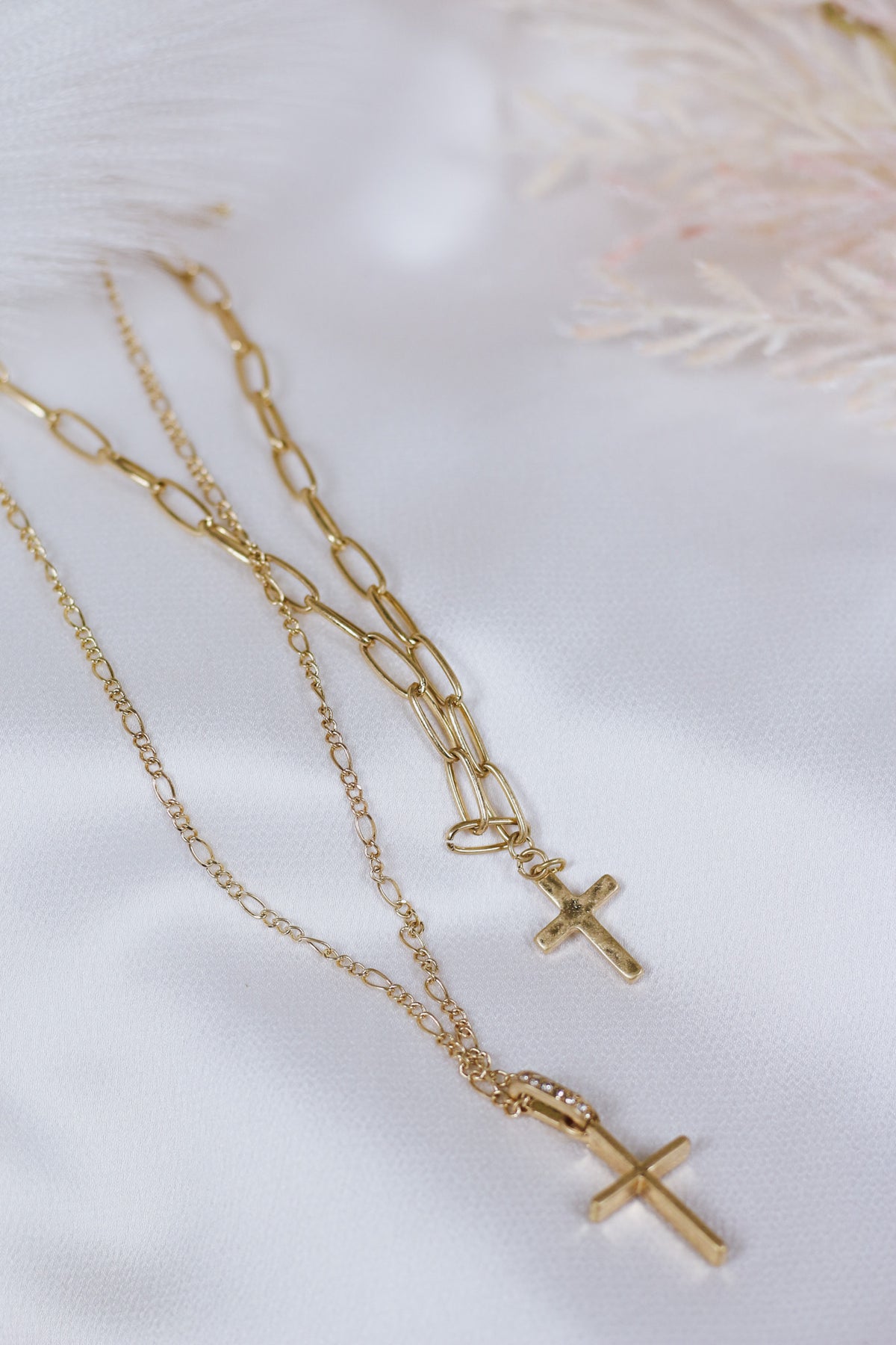 Layered Rhinestone and Gold Cross Set of 2 16"-19" Necklace