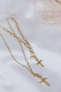 Layered Rhinestone and Gold Cross Set of 2 16"-19" Necklace