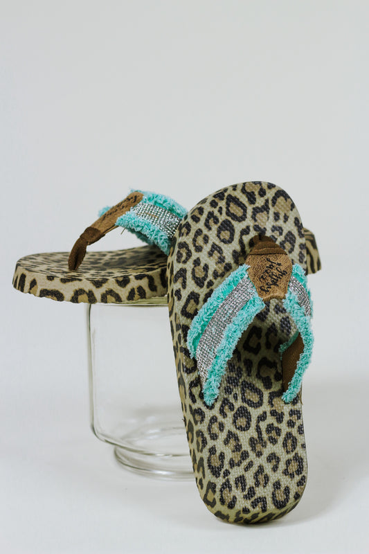 Aqua Blue & Leopard Flip Flops