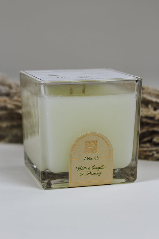 White Amaryllis & Rosemary Cube Glass Candle