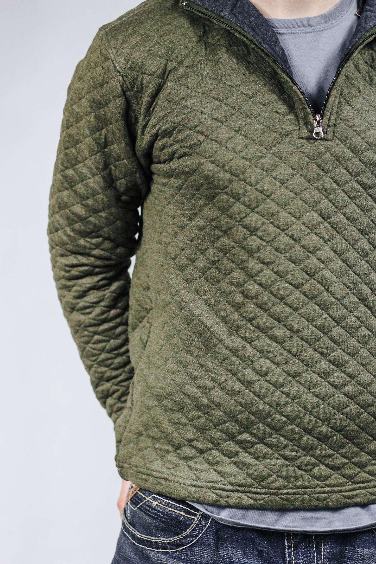 Olive Half Zip Quilted Mens Pullover