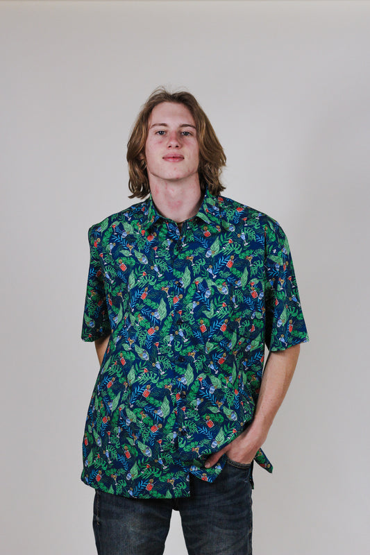 Mens Navy Tropical Drink Button Up Shirt