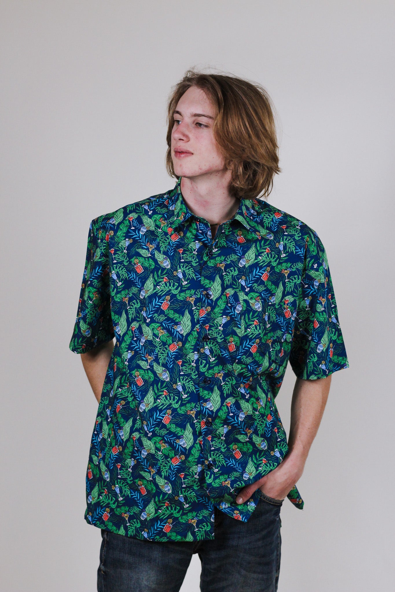 Mens Navy Tropical Drink Button Up Shirt