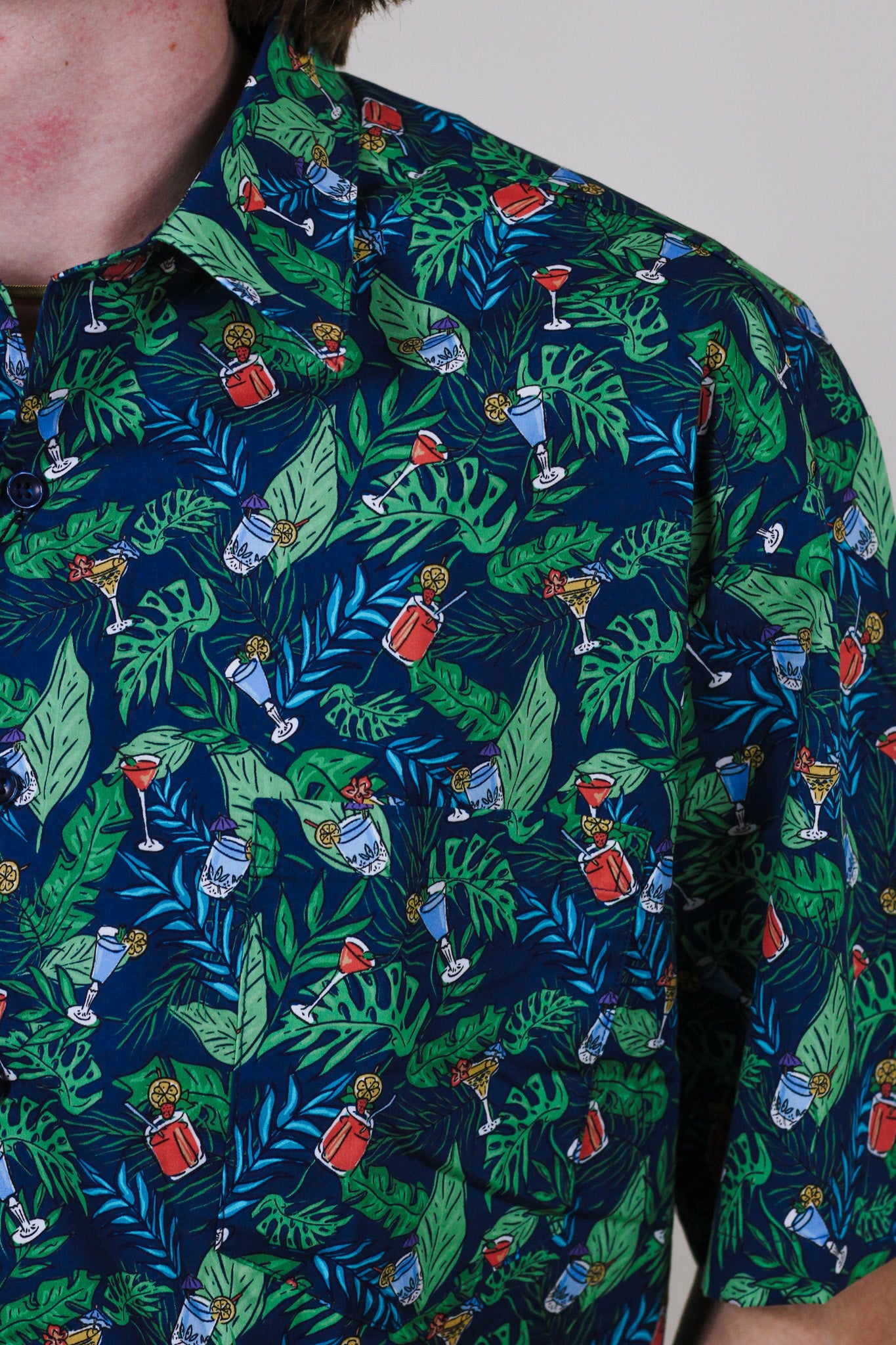 Mens Navy Tropical Drink Button Up Shirt