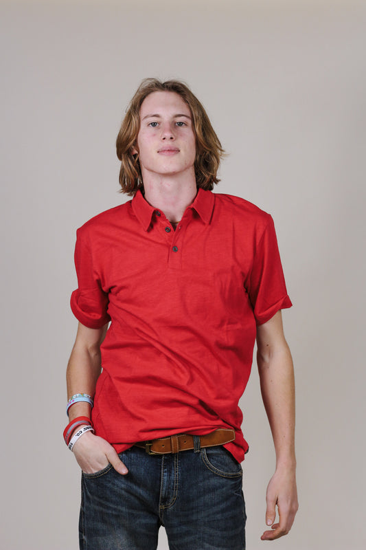 Mens Red Half Button Polo Shirt