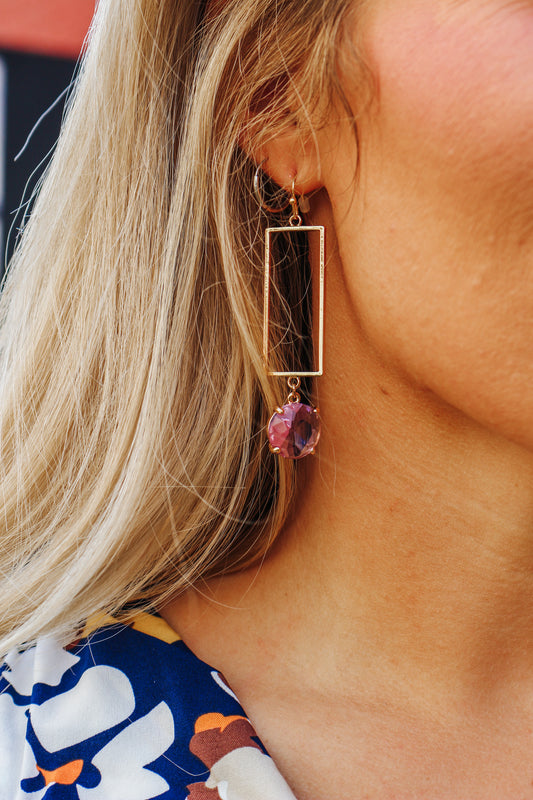Open Gold Rectangle with Lavender Crystal Drop 2" Earring