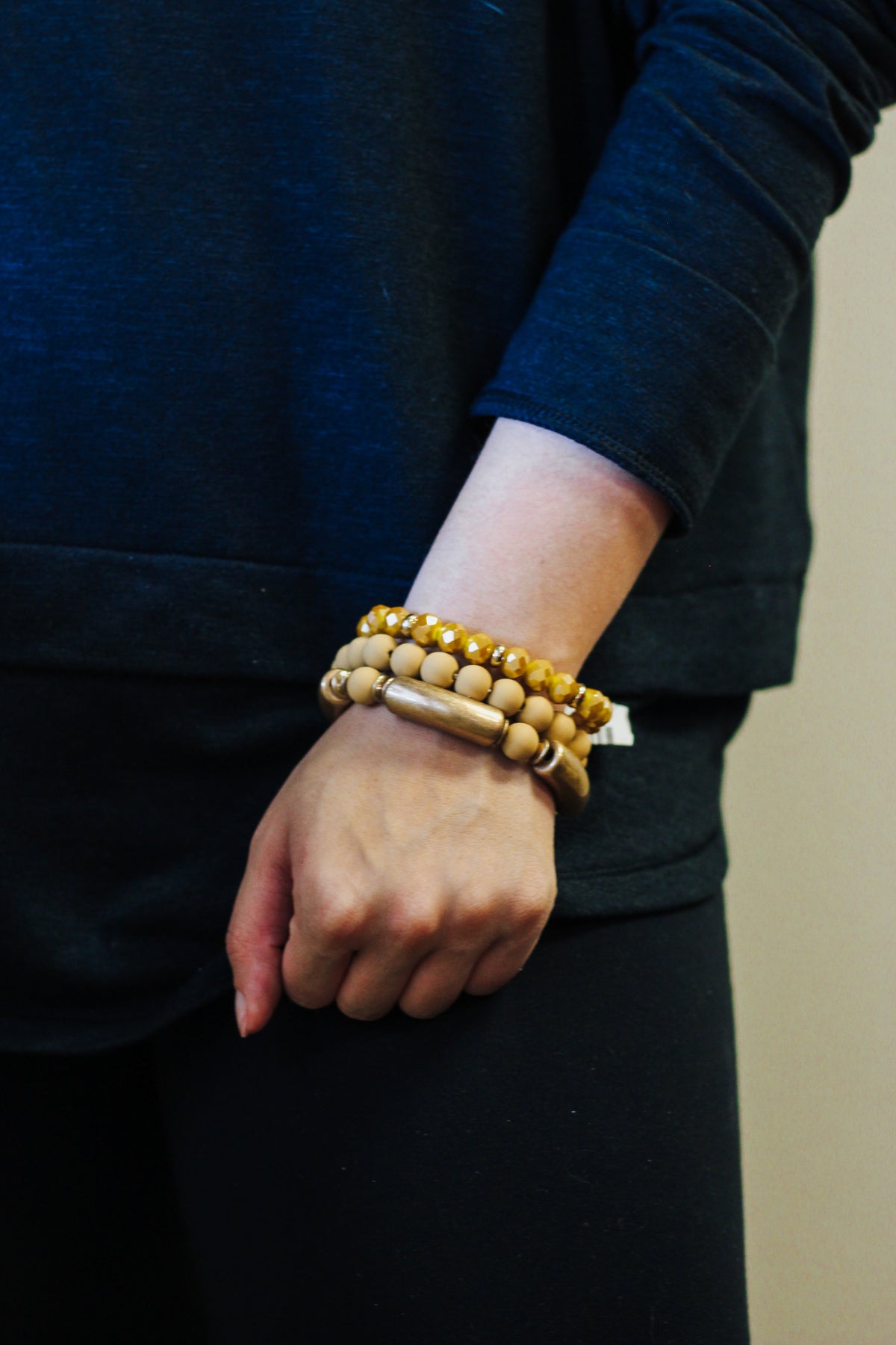 Mustard Clay, Gold, and Crystal Set of Three Stretch Bracelet