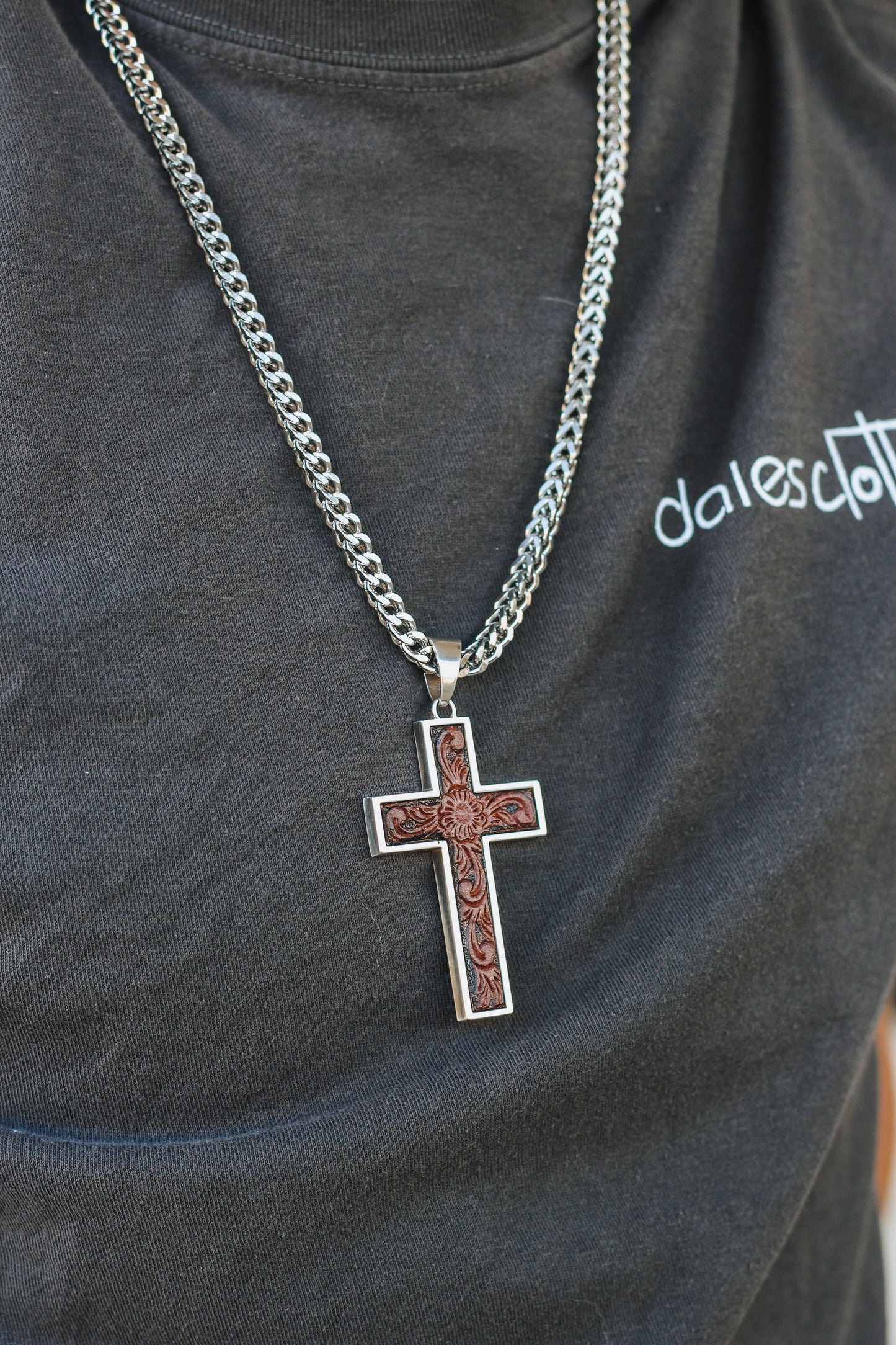 Silver Chain Brown Cross Mens Necklace