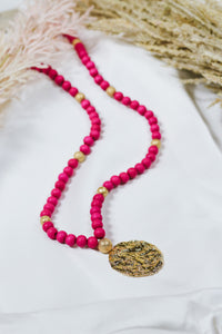 Fuchsia Beaded Necklace Gold Pendent