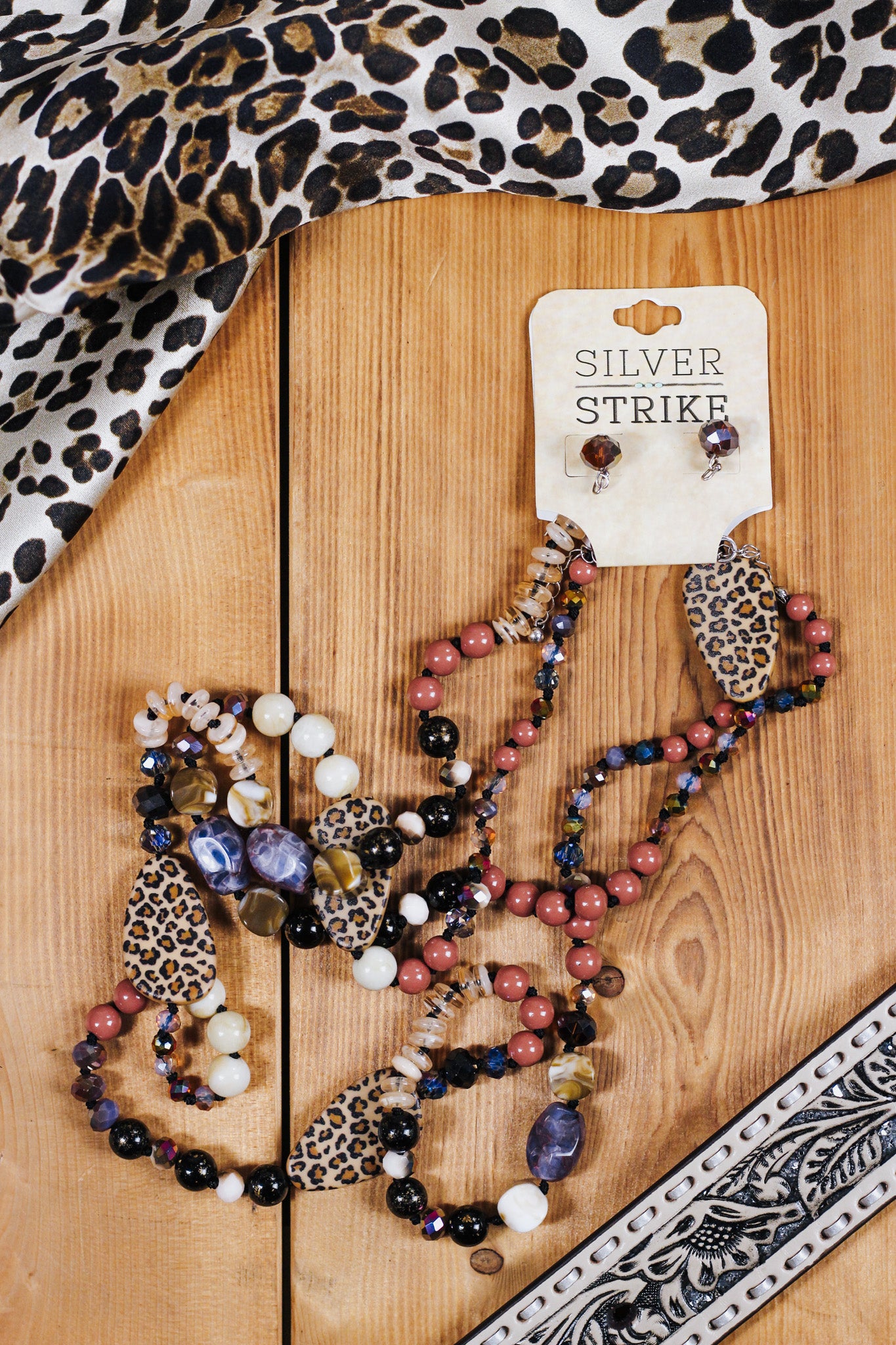 Silver Strike Necklace Set Leopard Multicolored Beads