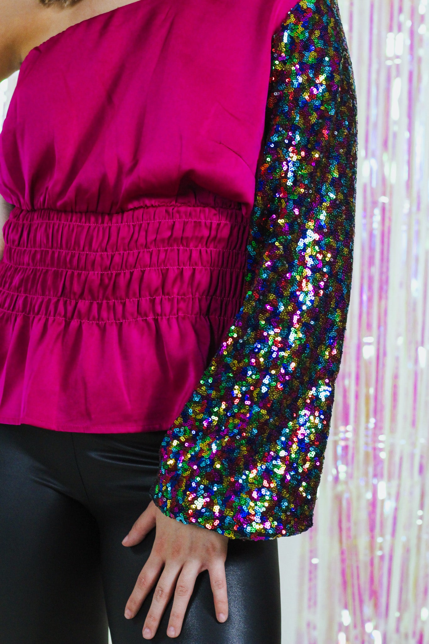 Hooked On You Magenta One Shoulder Sparkly Top