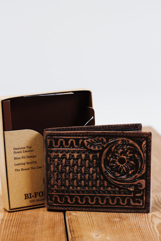 3DFloral Basketweave Brown Bifold Wallet