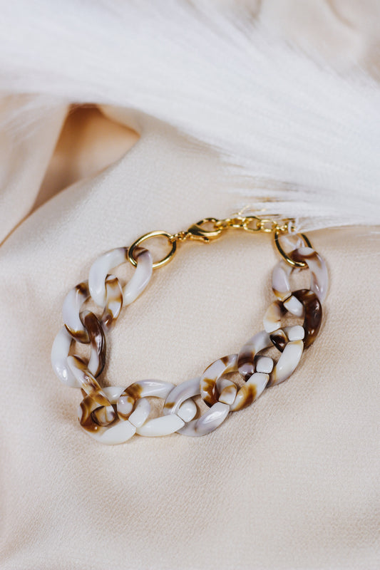 Ivory Brown Swirl Chunky Acrylic Chain Link Bracelet