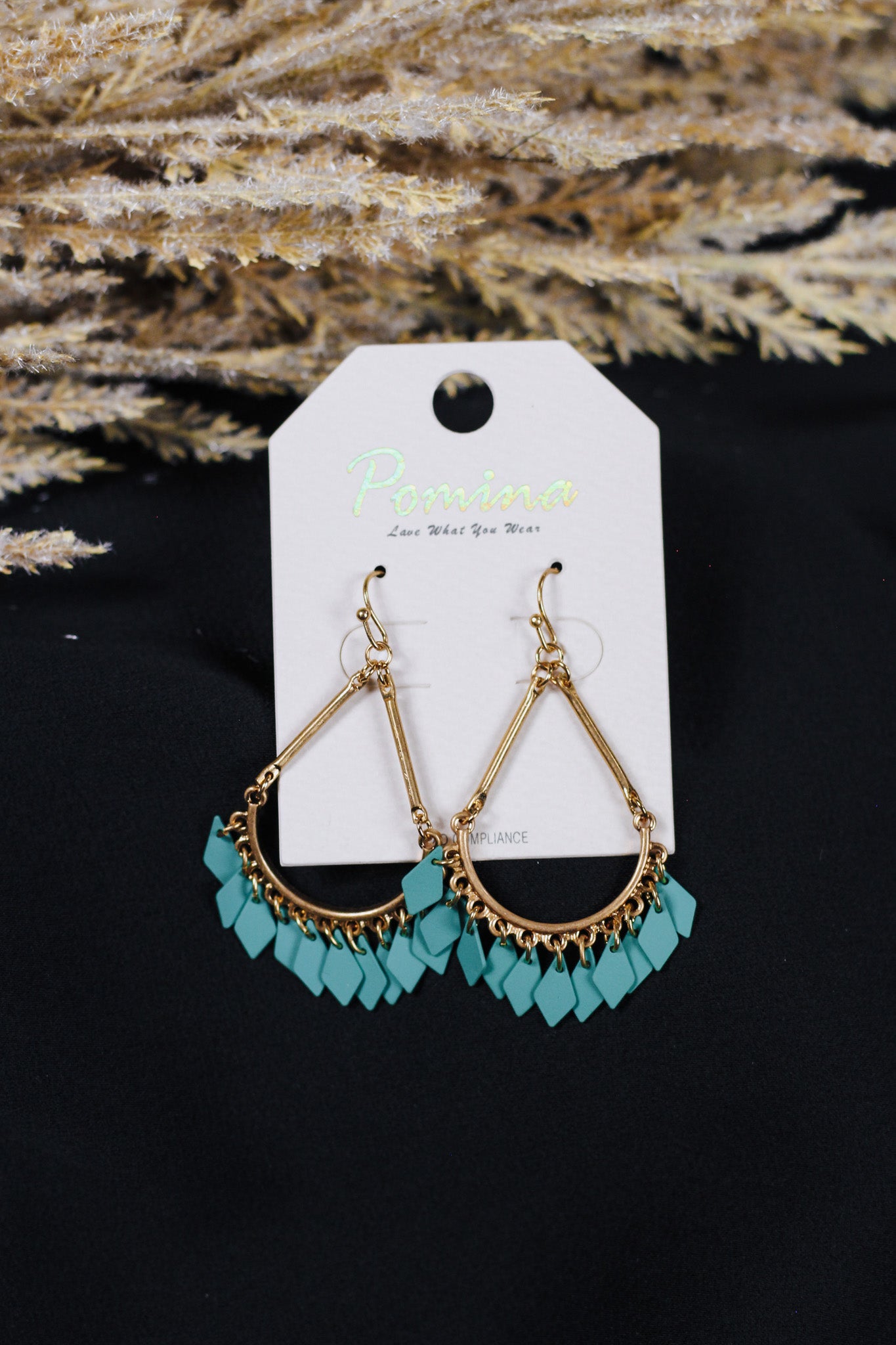 Worn Gold Teardrop with Teal Color Coated Metal Earring