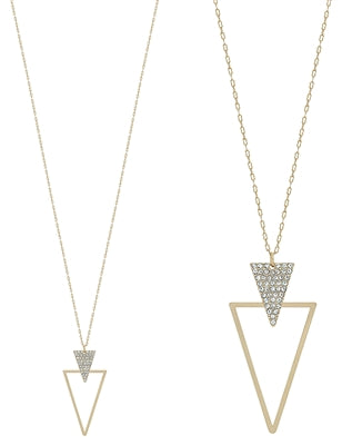 Rhinestone Gold Double Triangle Pendant 32" Necklace