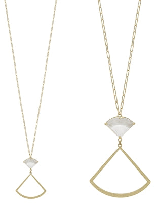 Clear Crystal Fan Shaped Pendant and Gold 32" Necklace