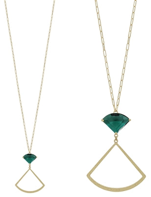 Green Crystal Fan Shaped Pendant and Gold 32" Necklace