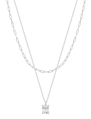 Silver Chain Layered Crystal Pendant Necklace With Earrings