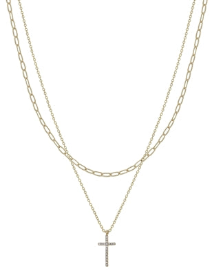 Gold Chain Layered with Rhinestone Cross Pendant 16"-18" Necklace
