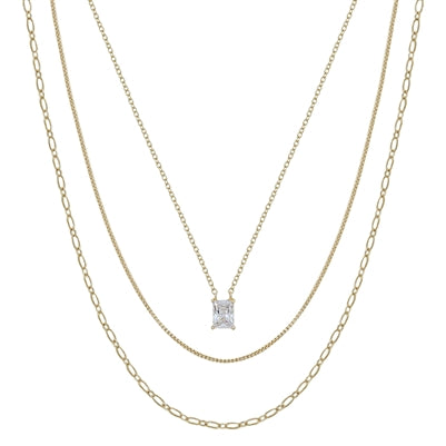 Gold Three Layered Snake Chain with Squared Pendant 16"-18" Necklace