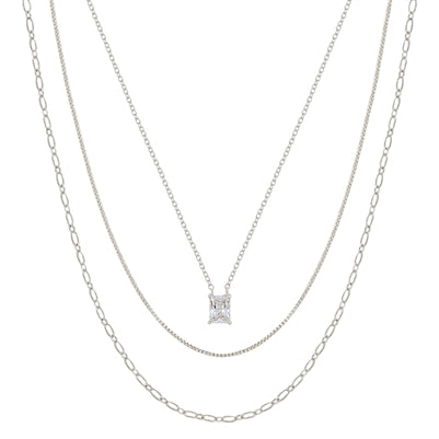 Silver Three Layered Snake Chain with Squared Pendant 16"-18" Necklace