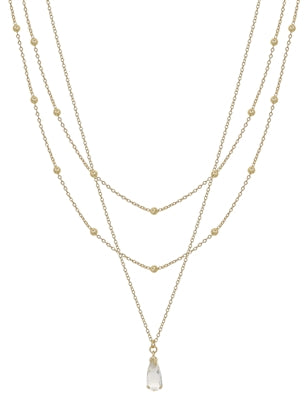 Gold Triple Layered Chain with Clear Teardrop Crystal 16"-18" Necklace
