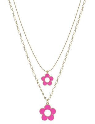 Hot Pink Epoxy Flower Double Layered 16"-18" Necklace