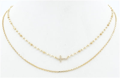White Beaded and Gold Chain Layered Small Cross 16"-18" Necklace