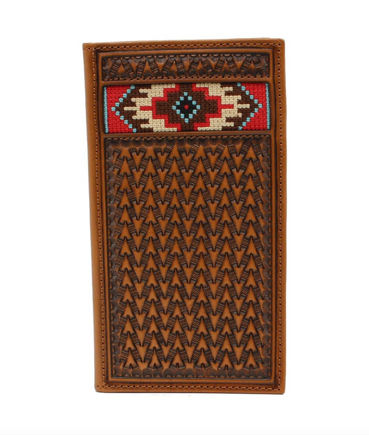 Ariat Embroidered Bi-fold Rodeo Wallet/ Checkbook cover with Aztec Inlay Tan