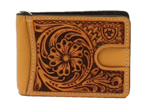 Ariat Mens Floral Embossed Tan Bi-Fold Money Clip Wallet