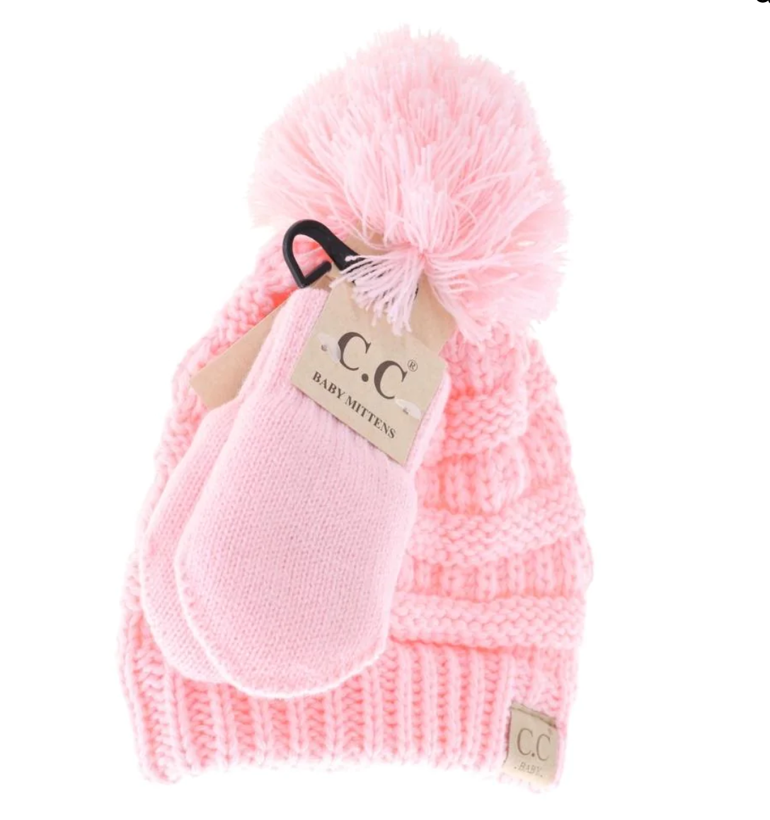 Baby Pale Pink Knit Pom CC Beanie With Mittens